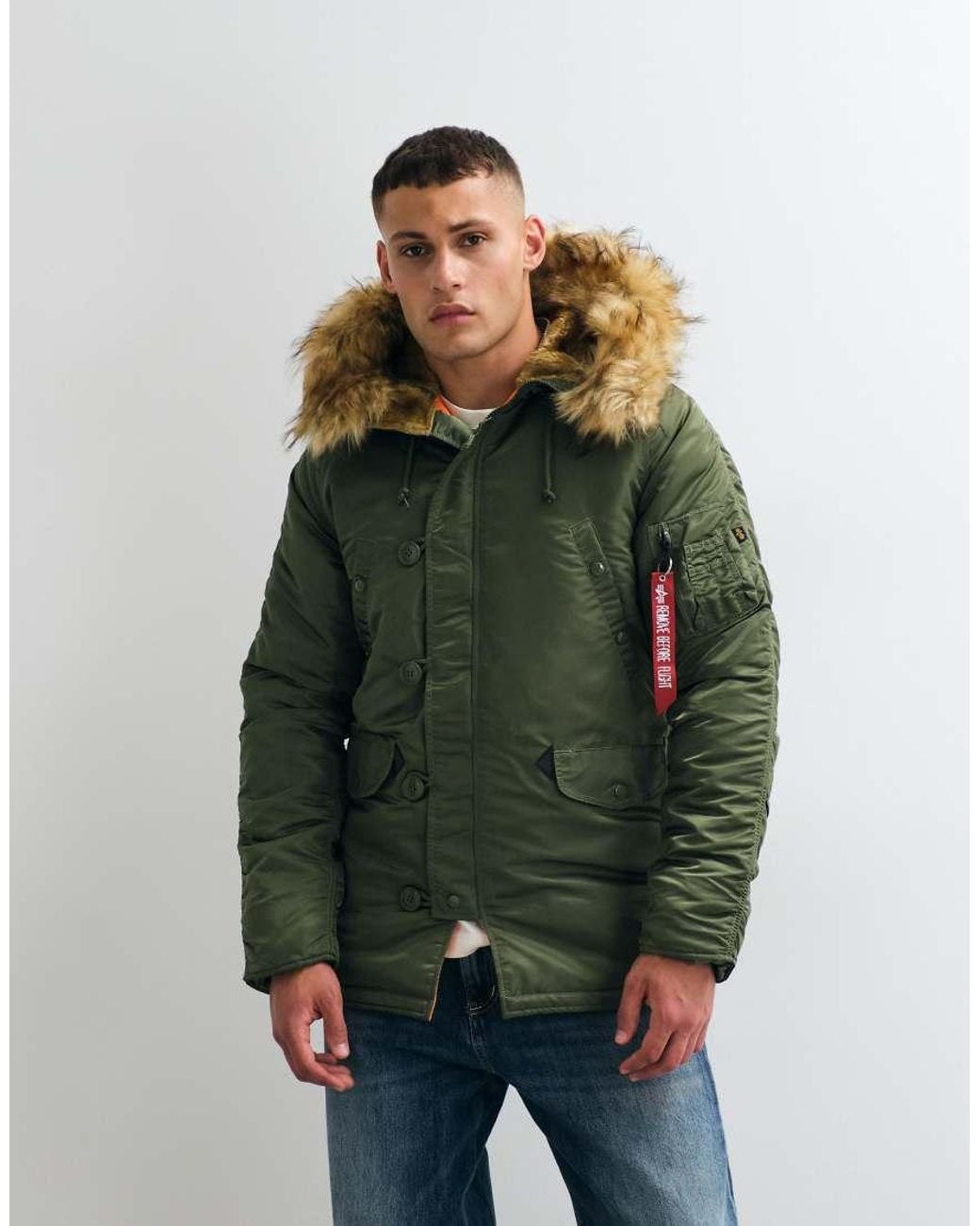Alpha Industries Green Faux Fur Hooded Bomber Jacket for men