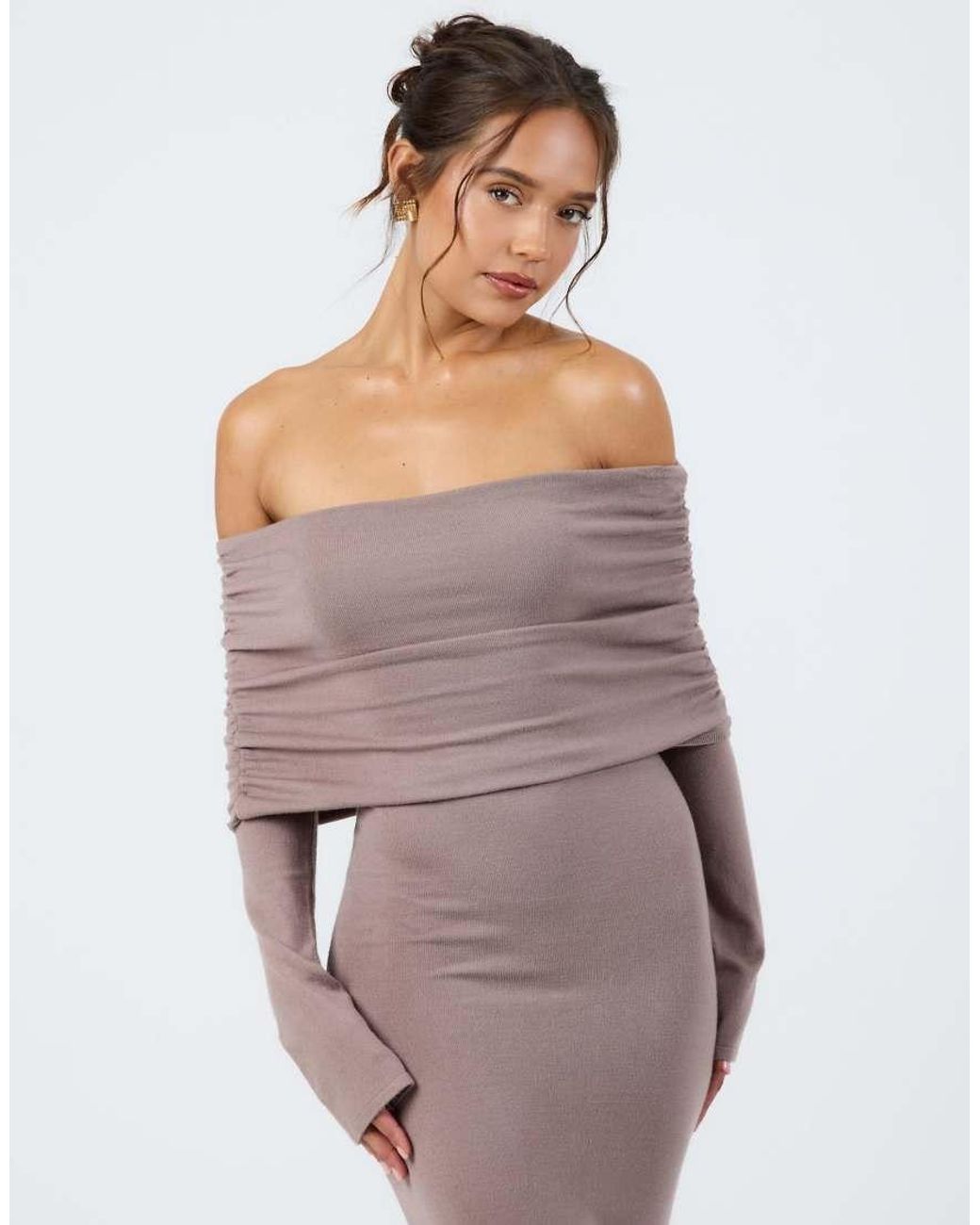 Aria Cove Purple Knit Ruched Deep Bardot Maxi Dress