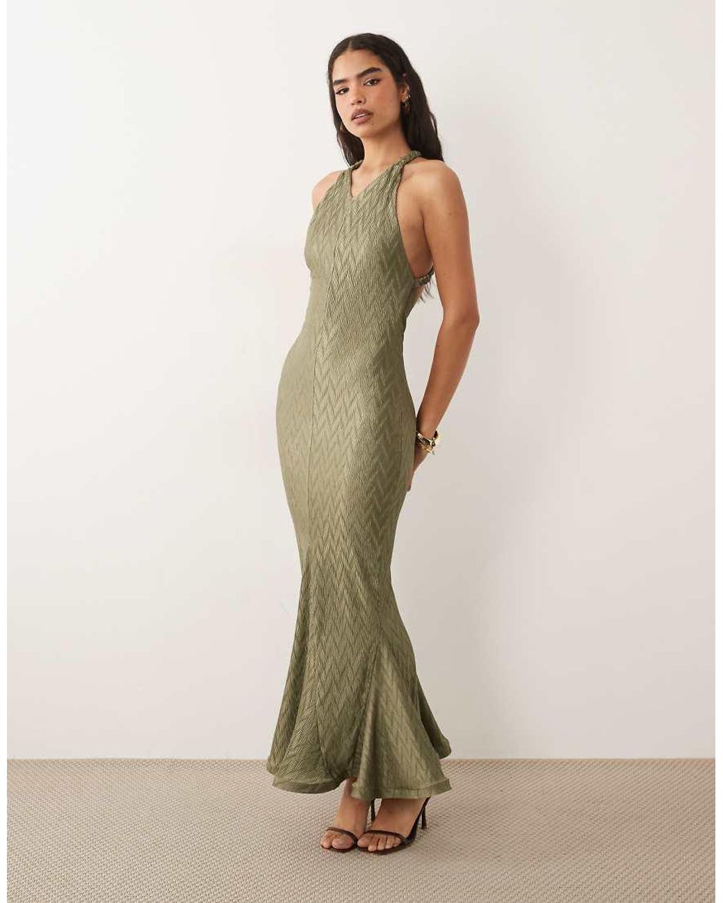 ASOS Green Zigzag Plisse V-neck Maxi Dress With Plait Strap Detail