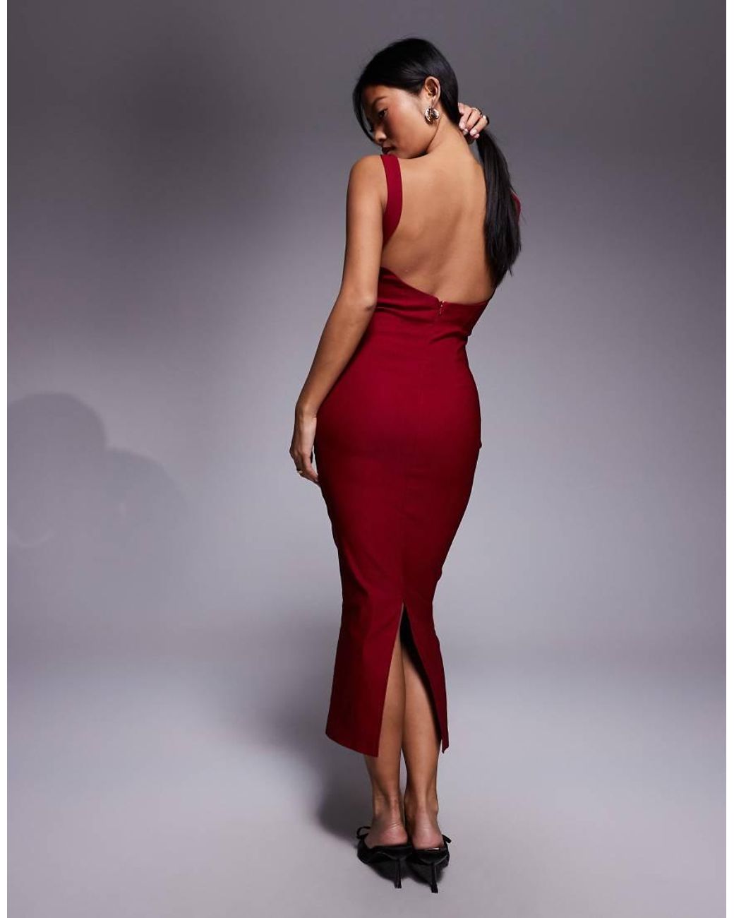 Vesper Petite Red Bengaline Square Neck Scoop Back Midaxi Dress