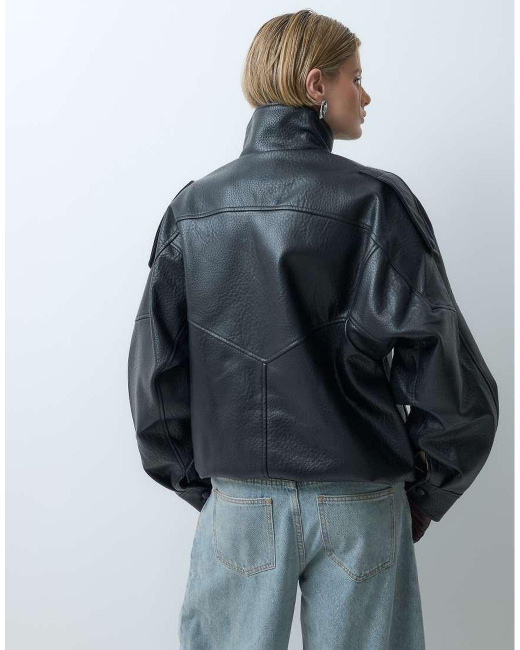 ONLY Gray Funnel Neck Faux Leather Jacket