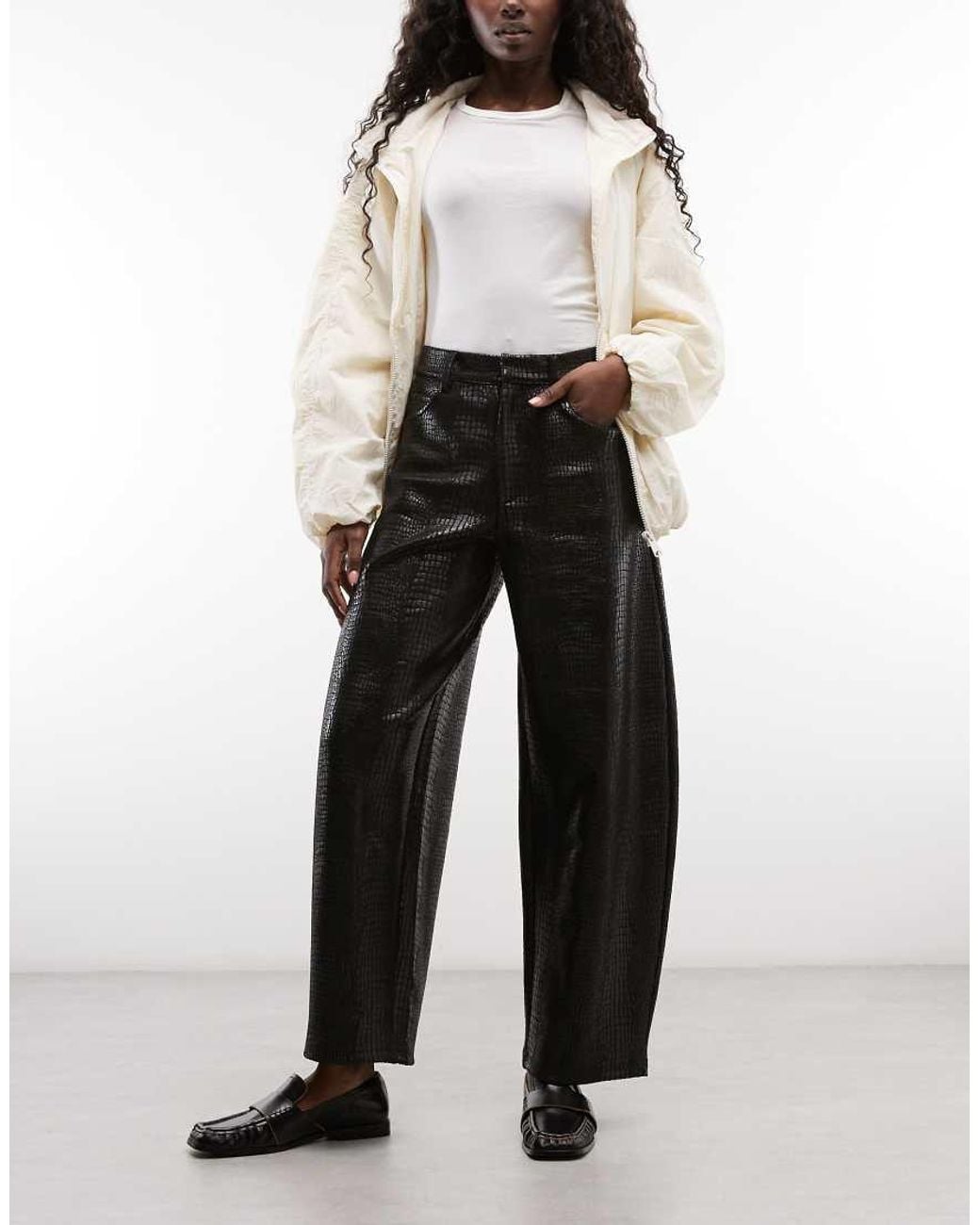 ASOS Black Leather Look Croc Effect Barrel Pants