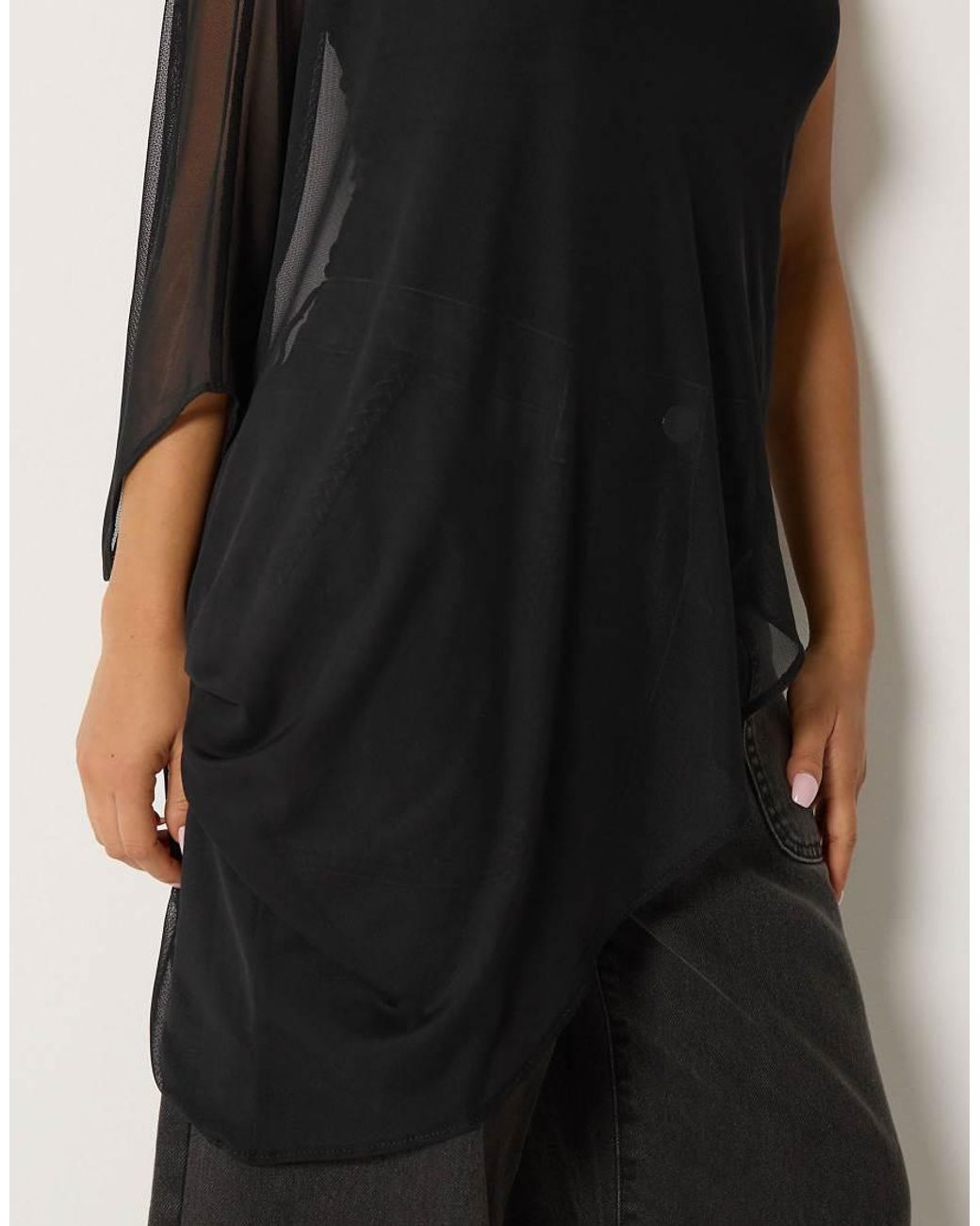 PixieGirl Black Petite Mesh Asymmetric Cape Top