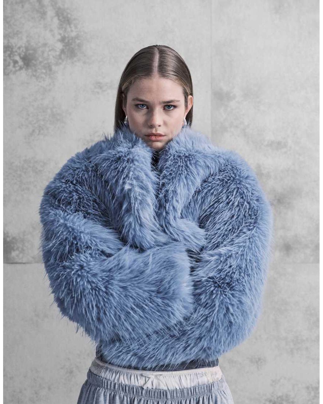 Aria Cove Blue Mongolian Faux Fur Wide Sleeve Cropped Jacket