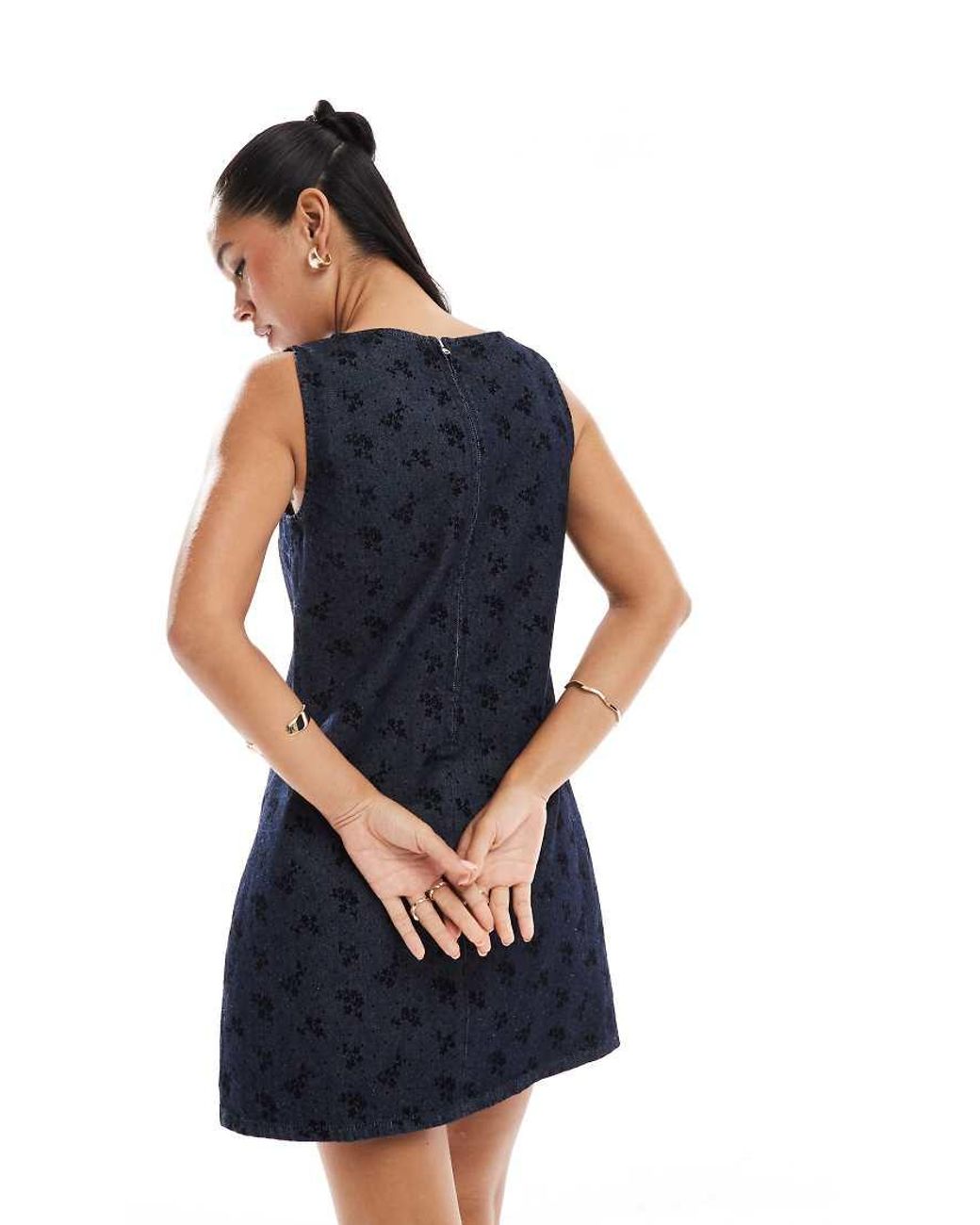 ASOS Blue Denim Shift Dress With Ditsy Floral Flock