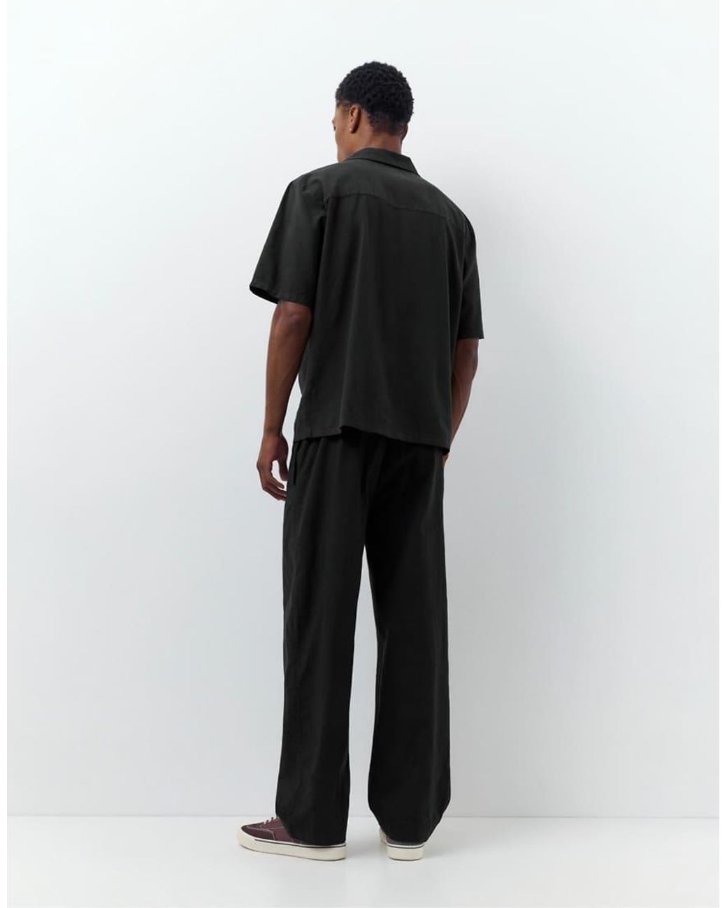 Pull&Bear Black Short Sleeve Linen Blend Shirt for men