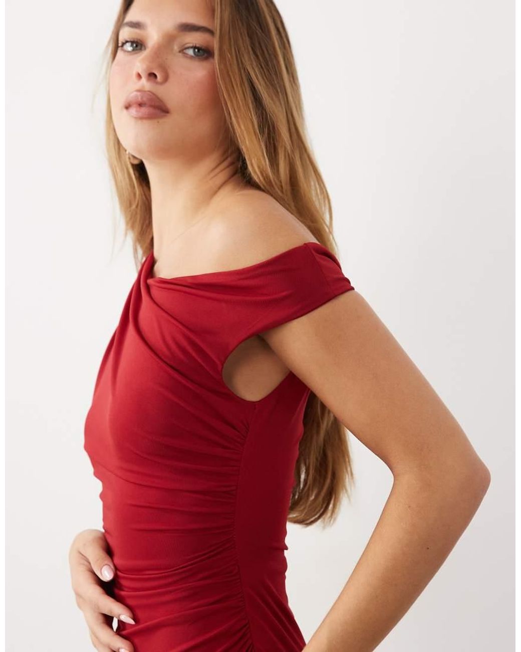 TFNC London Red Slinky Fallen Shoulder Thigh Split Maxi Dress