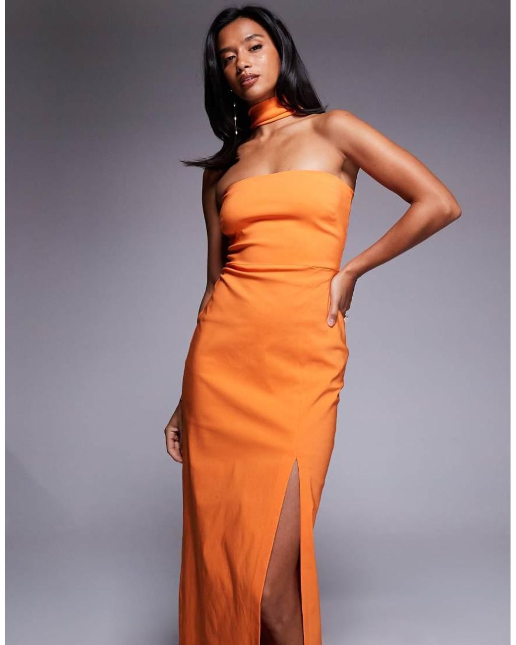 Vesper Petite Orange Bengaline Choker Neck Detail Bandeau Side Split Maxi Dress