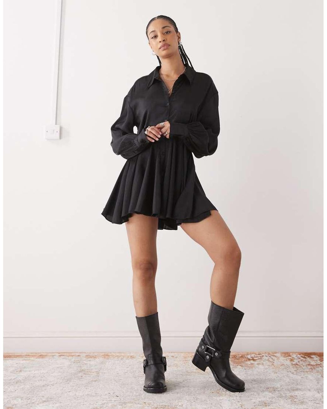 Monki Black Long Sleeve Crinkle Satin Shirt Dress With Floaty Skirt