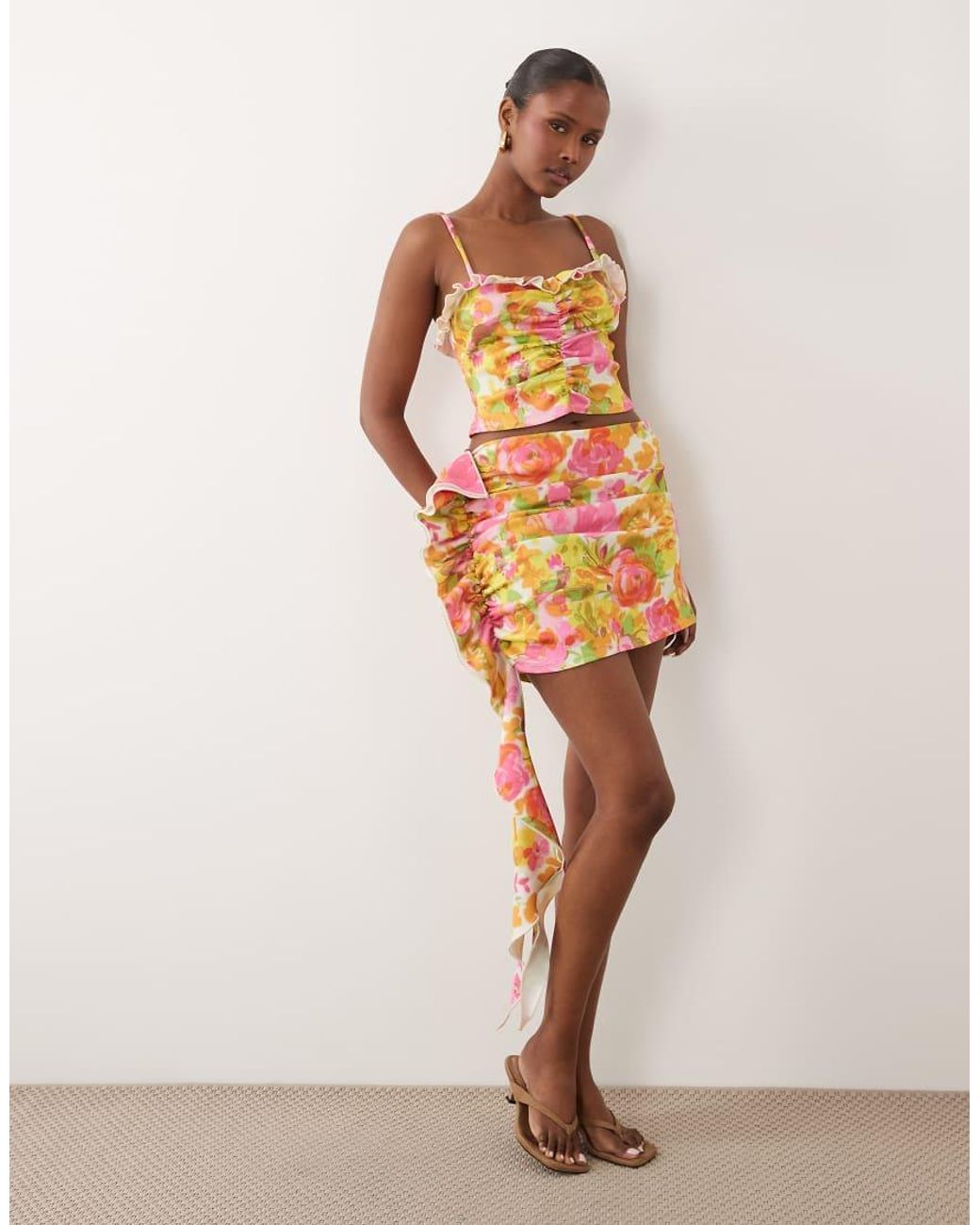 ASOS Orange Crepe Frill Detail Gathered Mini Skirt