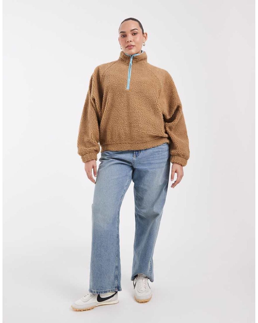 ASOS Brown Asos Design Curve Borg Half Zip With Contrast Binding