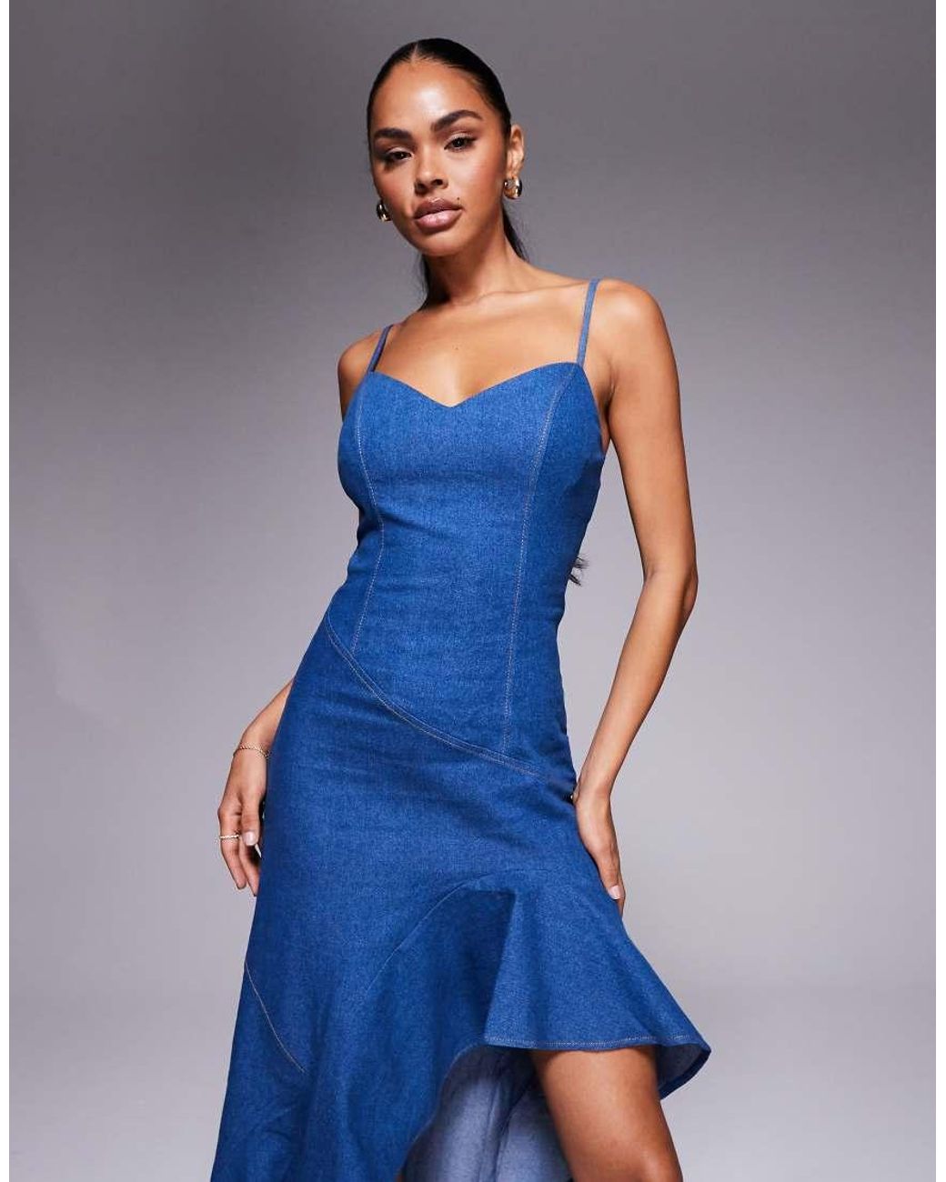 Goddiva Blue Denim Asymmetric Frill Maxi Dress