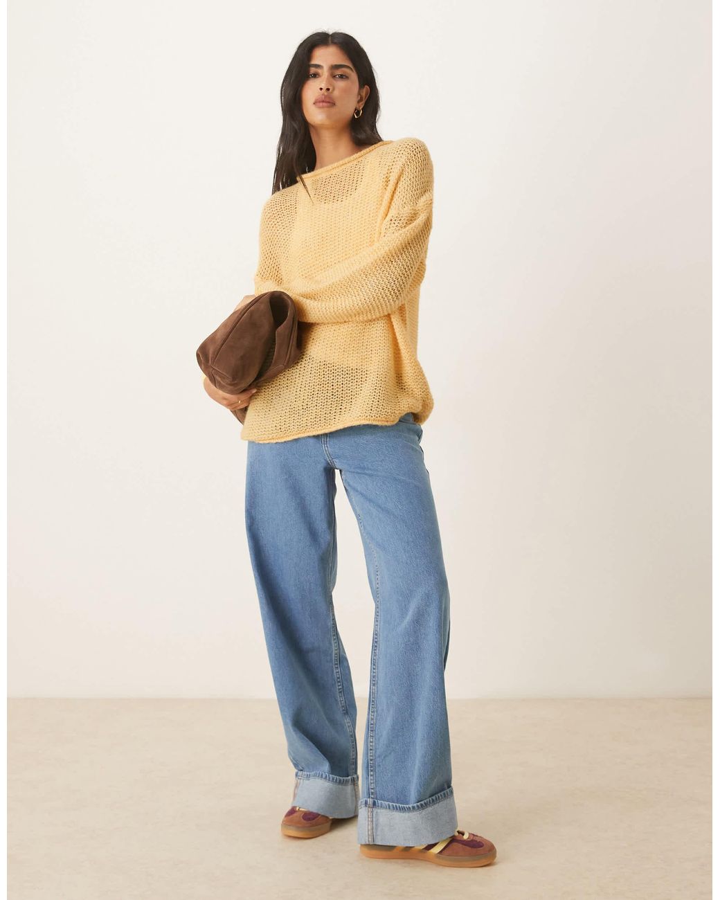 ASOS Yellow – locker geschnittener strickpullover mit u-boot-ausschnitt und gerollten abschlüssen