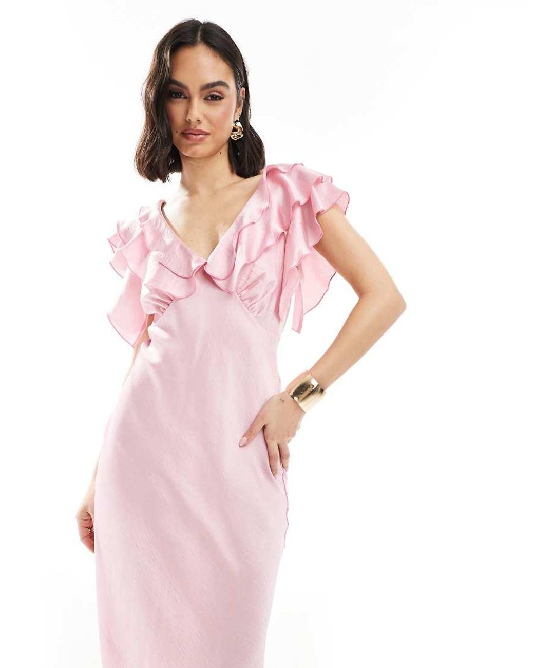 new look ruffle sleeve satin midi dress in pink New Look Satin Ruffle Trimmed V-Neck Midi Dress - Light Pink