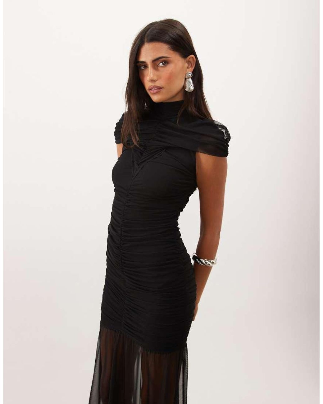 TFNC London Black Mesh High Neck Maxi Dress With Ruched Detail