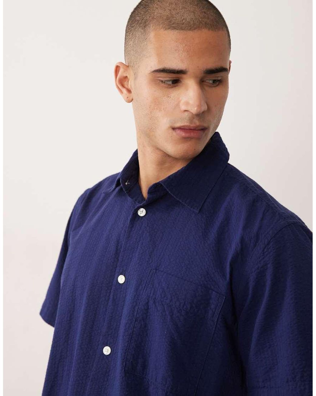 SELECTED Blue Co-ord Seersucker Short Sleeve Shirt for men