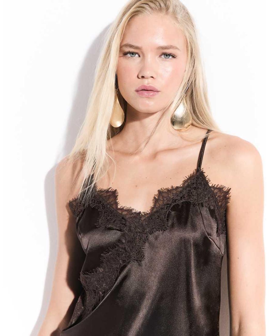 Noisy May Black Asymmetric Satin Top With Lace Hem