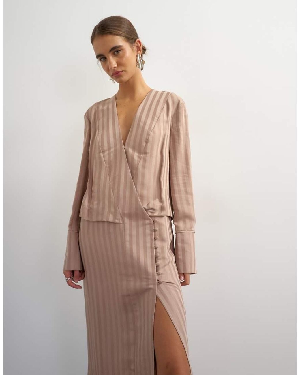 TOPSHOP Natural Viscose Satin Stripe Dropped Waist Long Sleeve Wrap Front Maxi Dress
