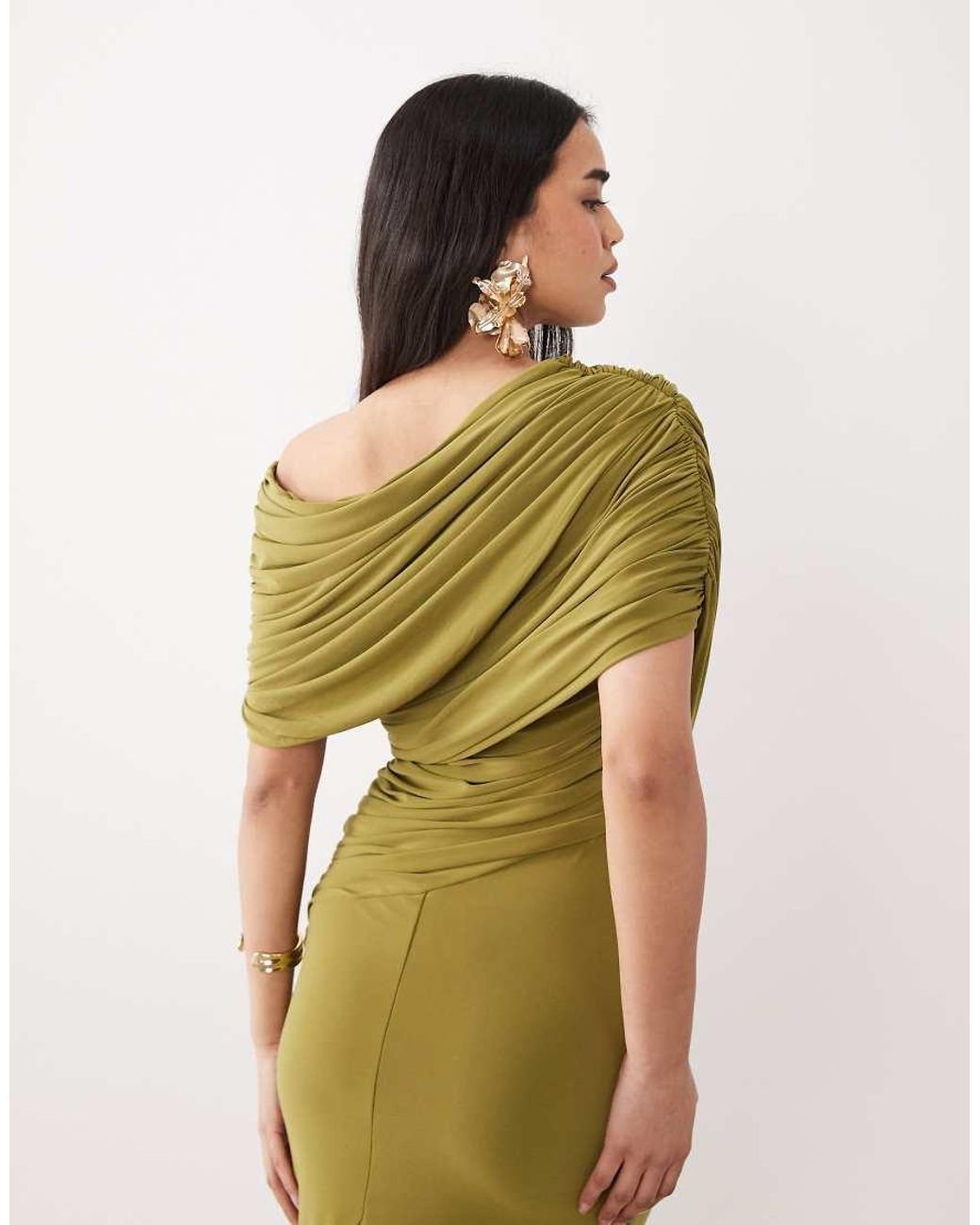 ASOS Green Off Shoulder Wrap Bodice Detail Maxi Dress With Train