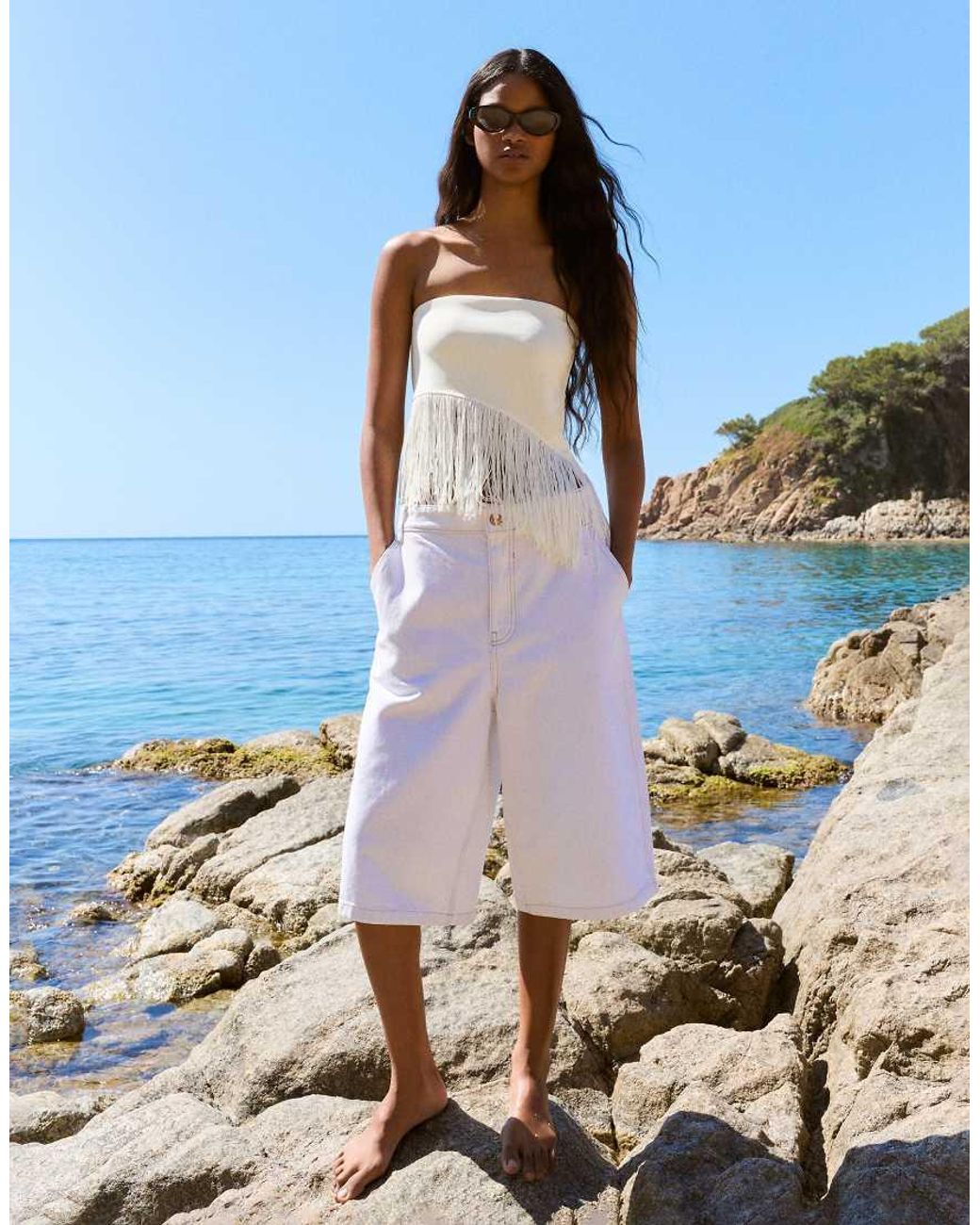Bershka White Fringed Strapless Top