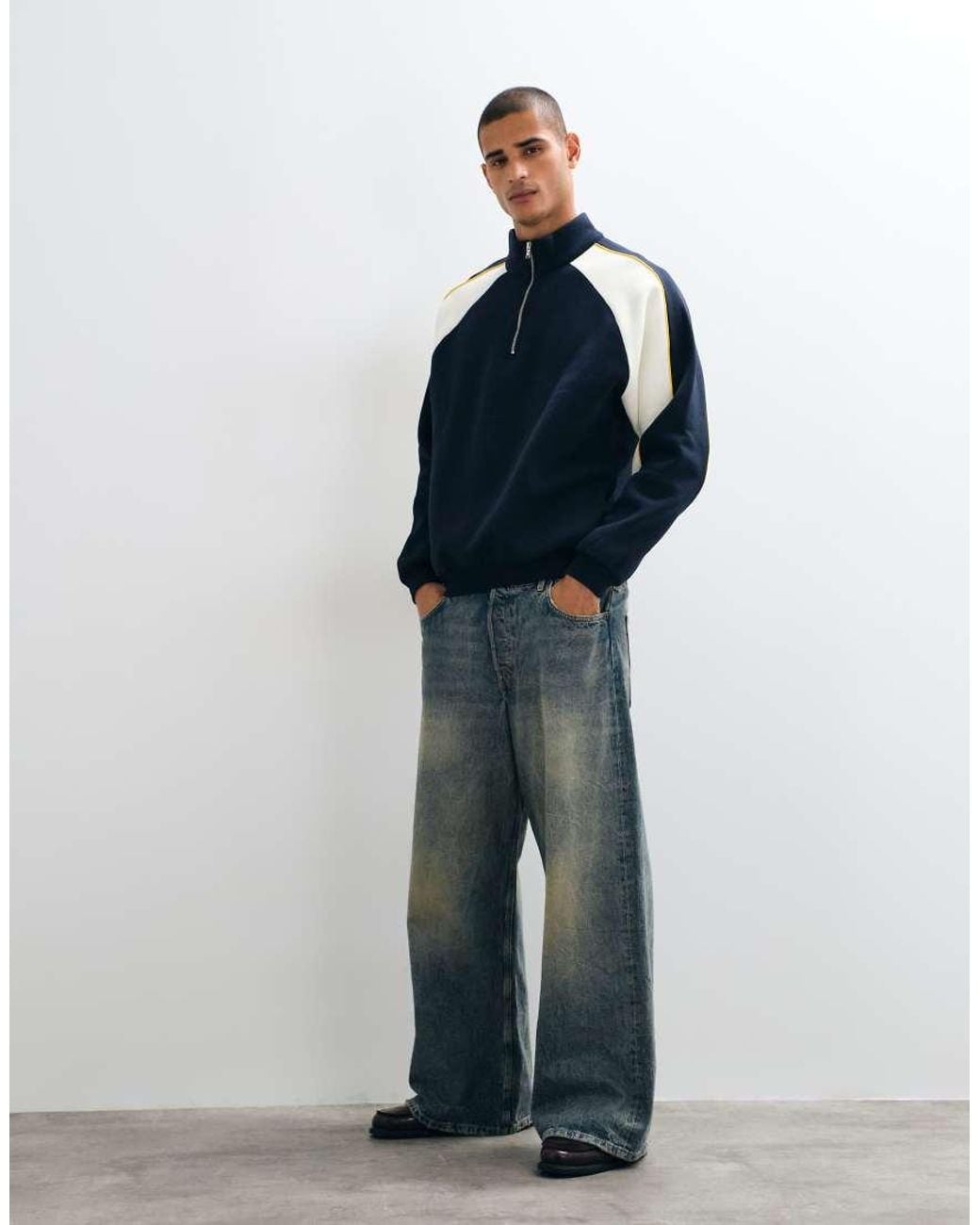 ASOS Blue Relaxed Half Zip Sweatshirt With Cut & Sew Panelling And Piping for men