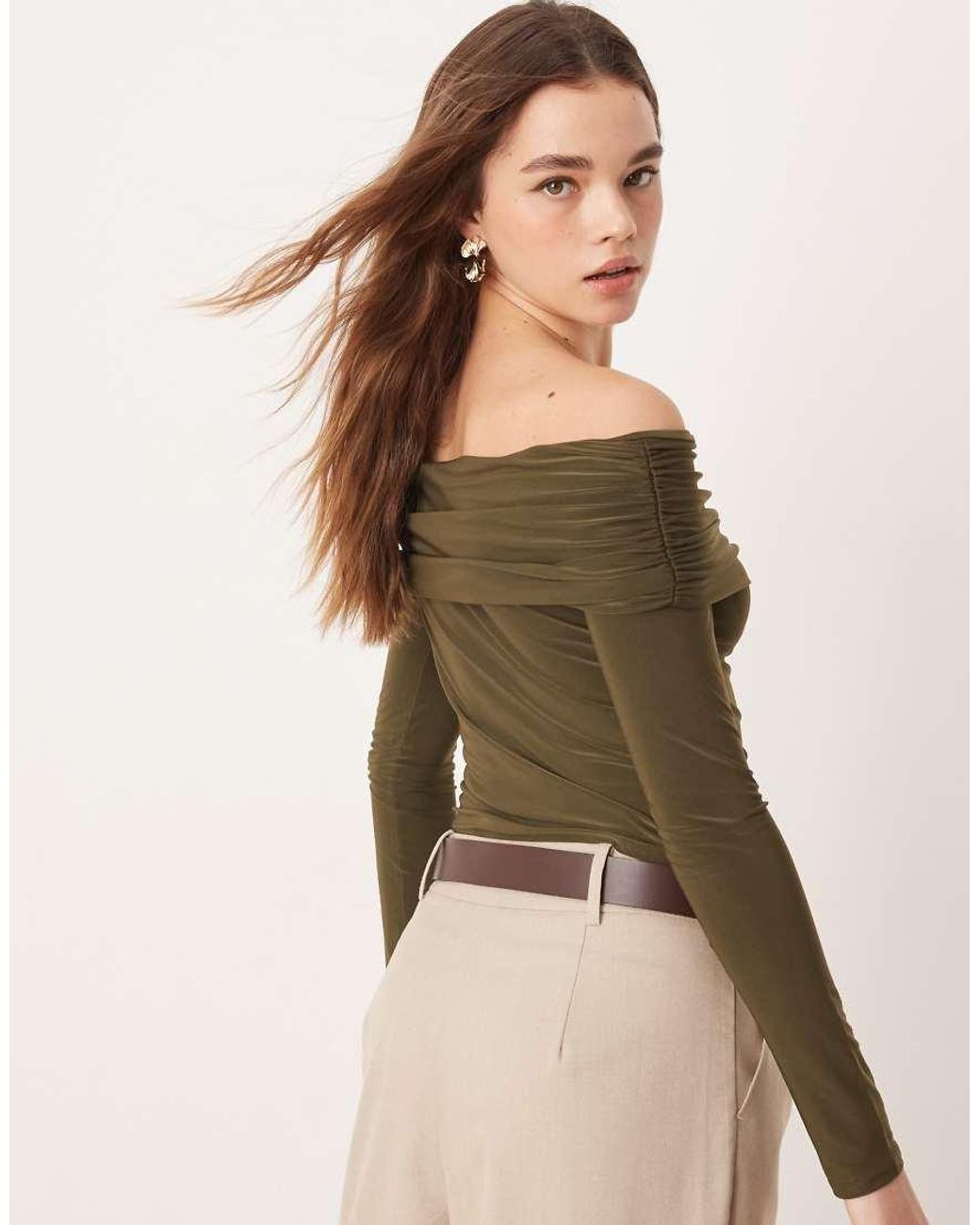 Miss Selfridge Bardot Top in Green Lyst UK