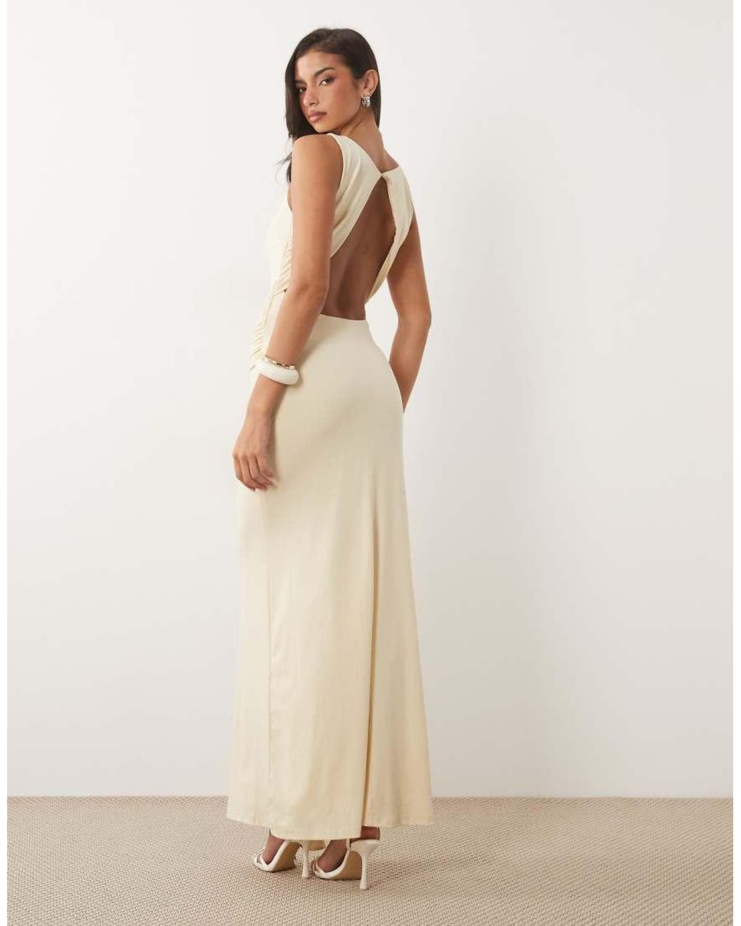 TFNC London Natural Slinky Slash Neck Open Back Tie Detail Maxi Dress