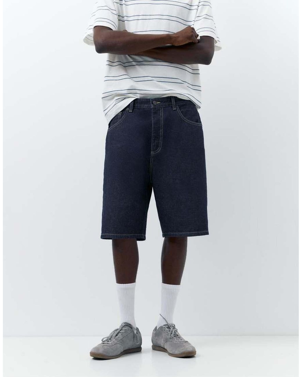 Pull&Bear Blue Baggy Denim Bermuda Shorts for men