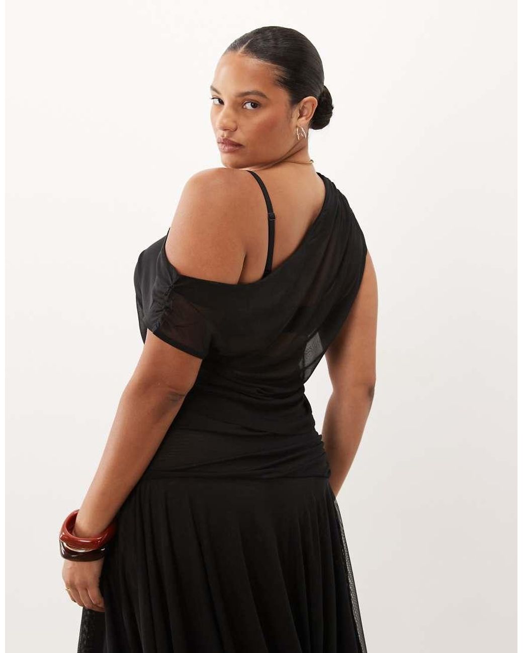 ASOS Black Asos Design Curve Sheer Mesh Ruched One Shoulder Asymmetric Top