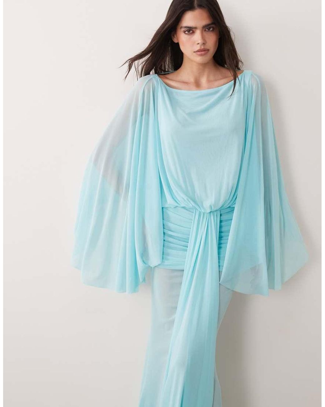 I.AM.GIA Blue Elaria Extreme Cape Sleeve Low Back Drape Detail Maxi Dress