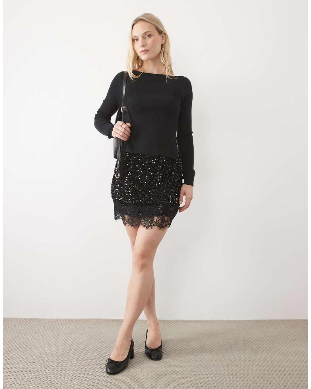 Vila Black High Waist Sequin & Velour Mini Skirt With Lace Trim