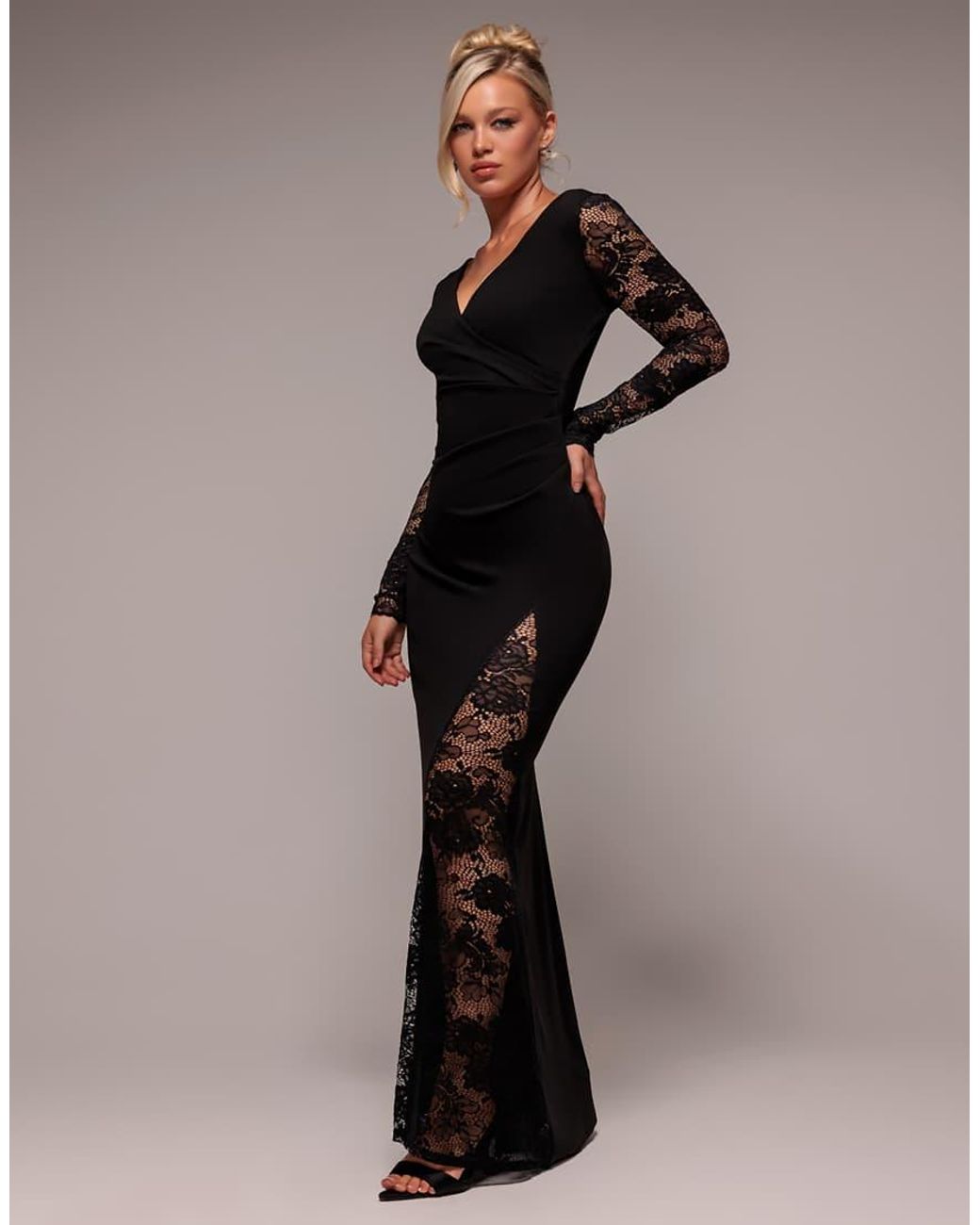 Goddiva Black Lace Wrap Maxi Dress
