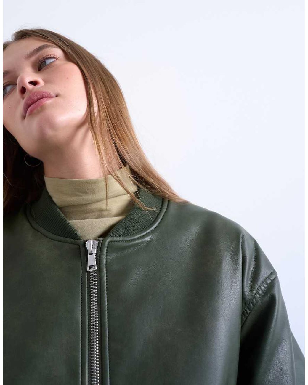 TOPSHOP Green Faux Leather Vintage Wash Oversized Collarless Bomber Jacket
