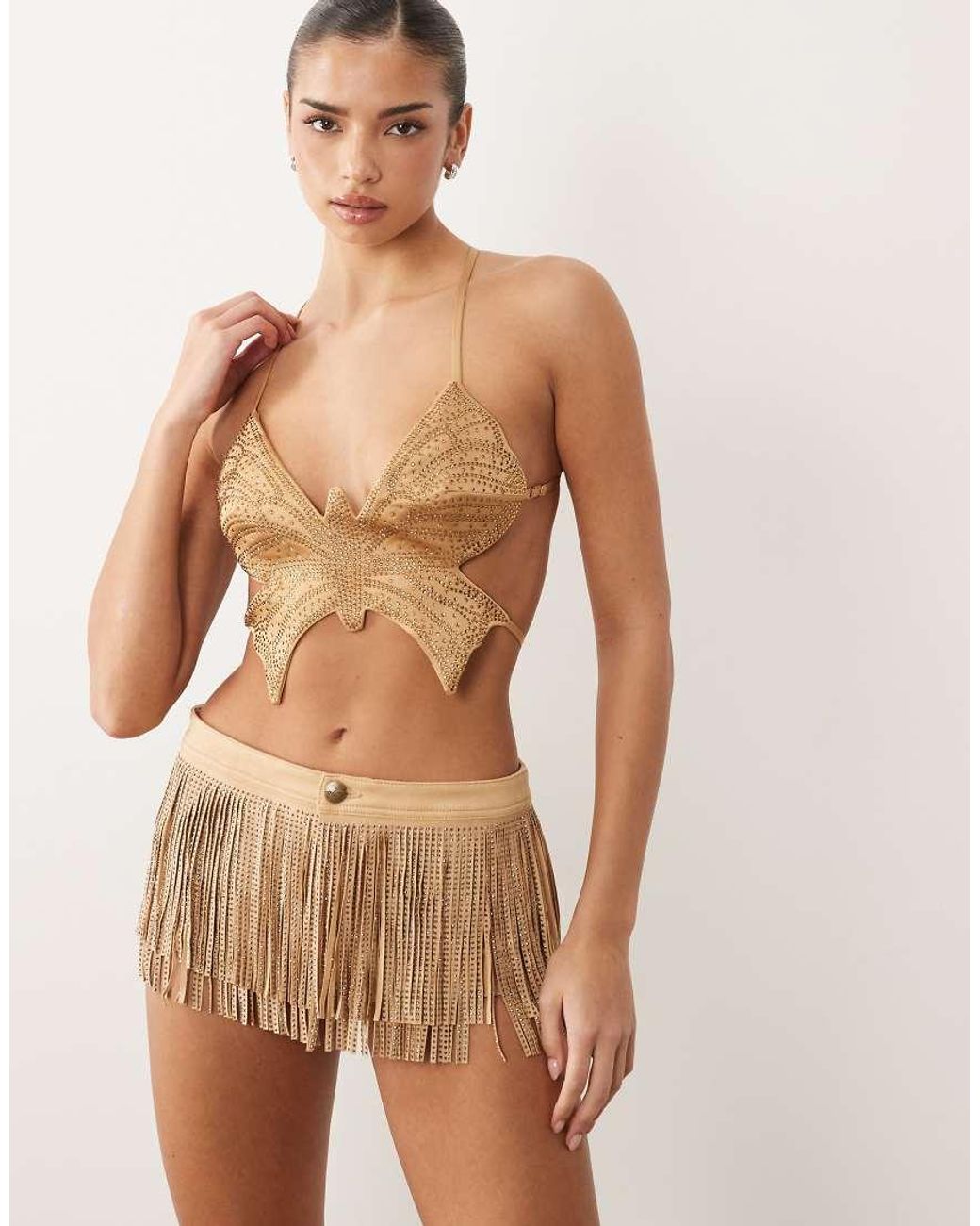 Oh Polly Natural Faux Suede Embellished Fringe Detail Low Rise Mini Shorts