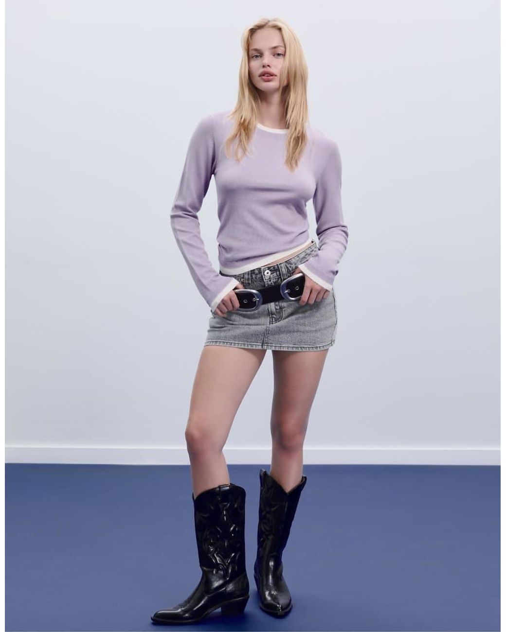 Stradivarius Purple Knit Sweater With Contrast Trim