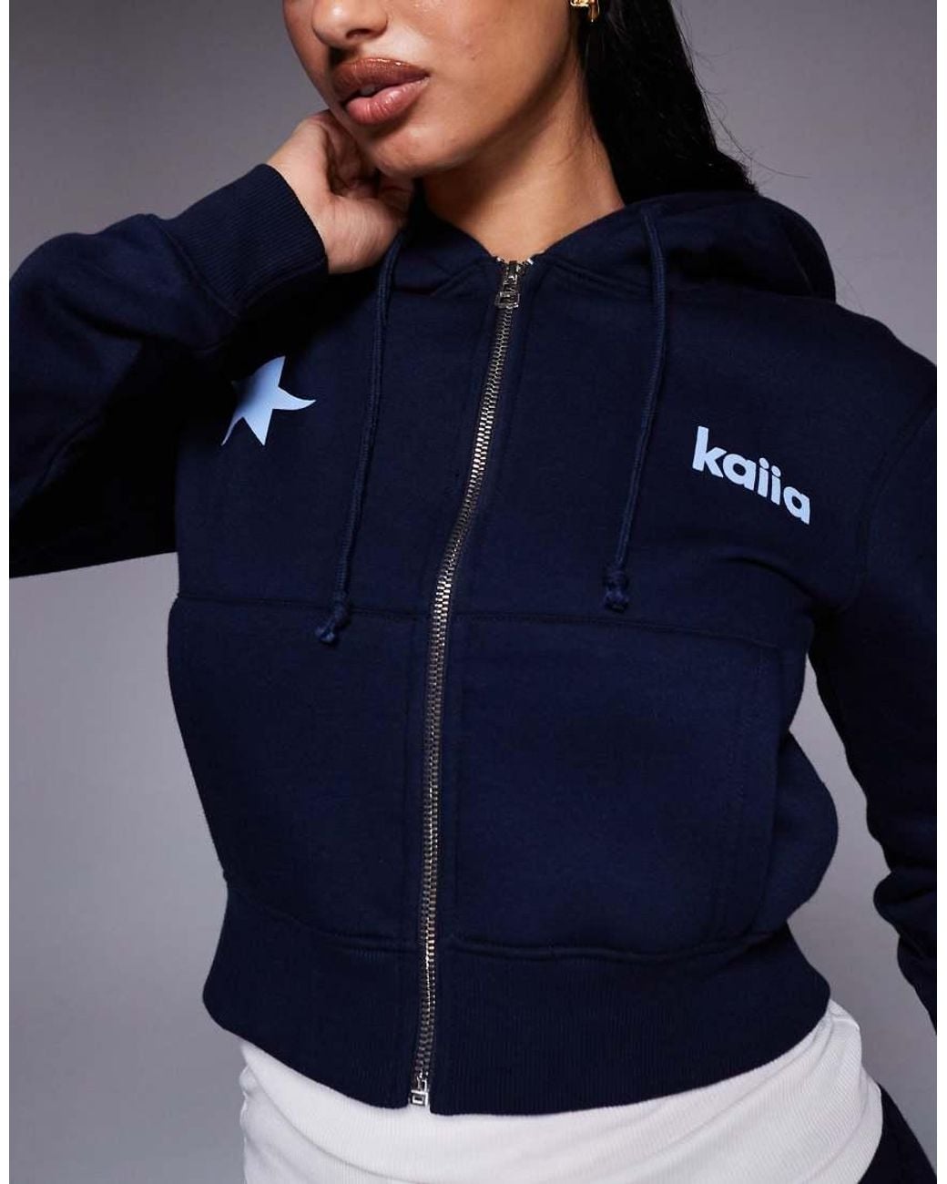 Kaiia Blue Studio Cotton Rich Star Logo Graphic Zip Through Cropped Hoodie Co-Ord