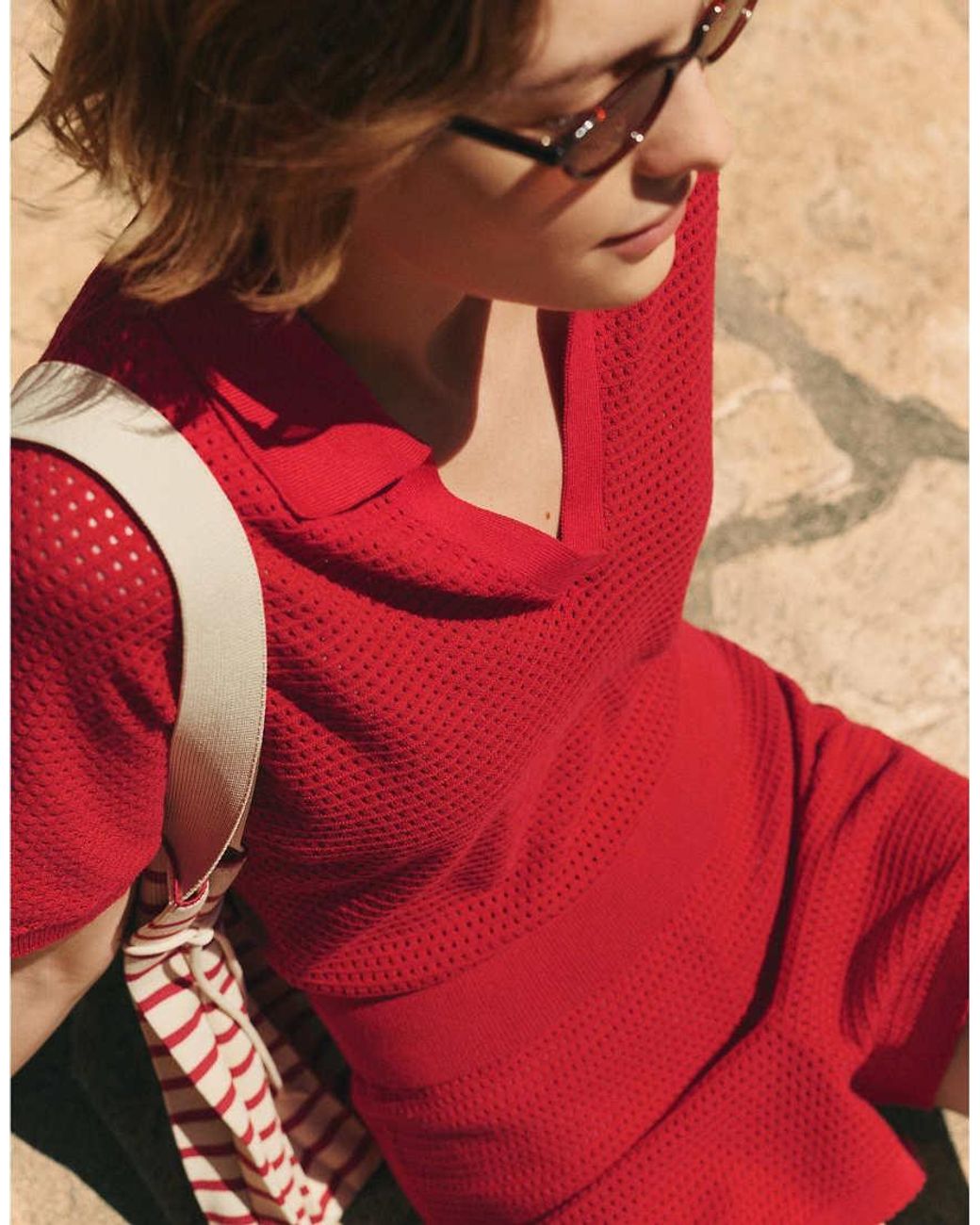 Oysho Red Cotton Blend Openwork Knit Polo