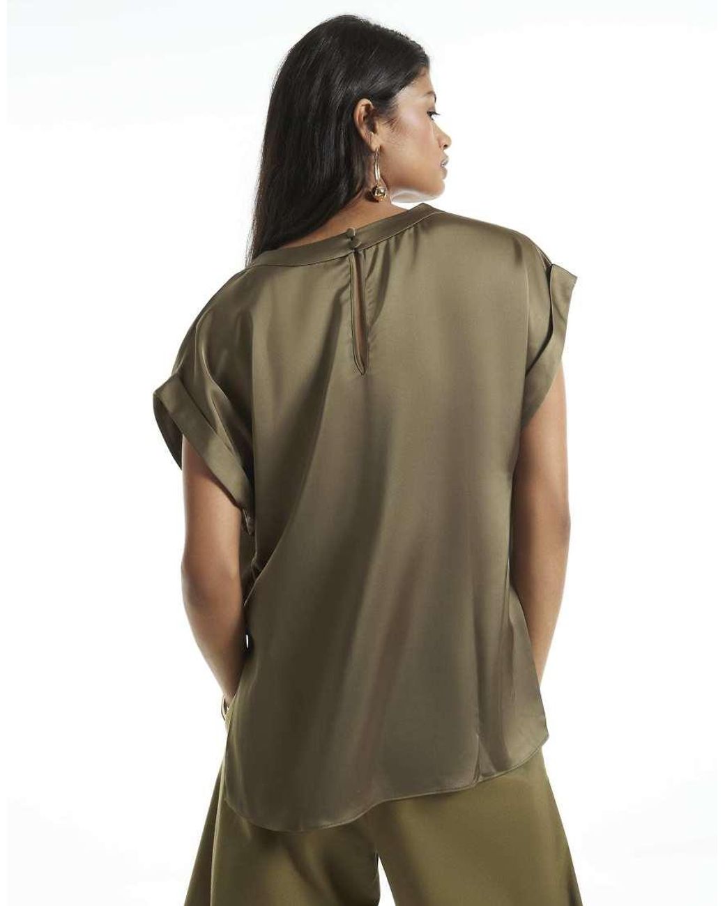 River Island Green Satin Turn Back Cuff Blouse