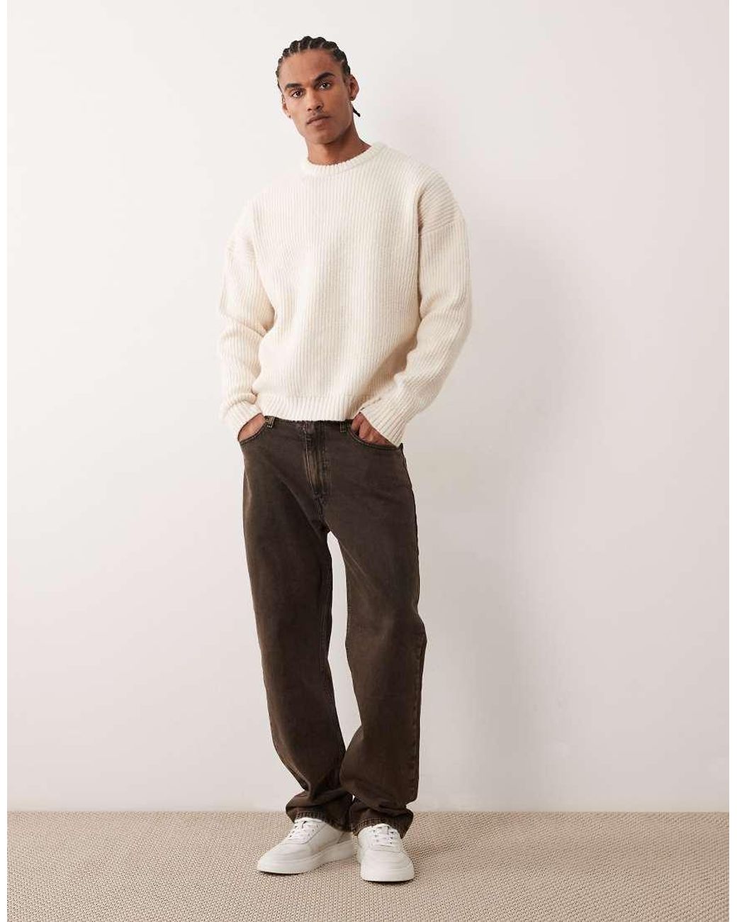 ASOS Natural Super Oversized Boxy Fit Knitted Fisherman Rib Jumper for men