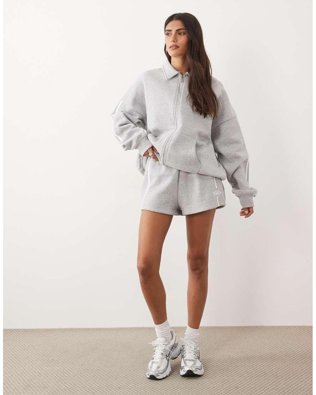Kaiia Gray Cotton Rich Embroidered Logo Detail Side Stripe Sweat Shorts Co-ord