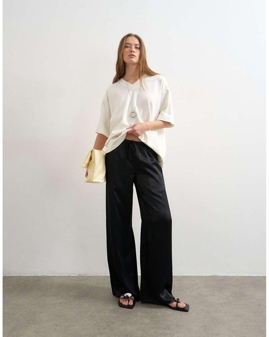TOPSHOP White Plain Satin Tie Waist Wide Leg Trouser