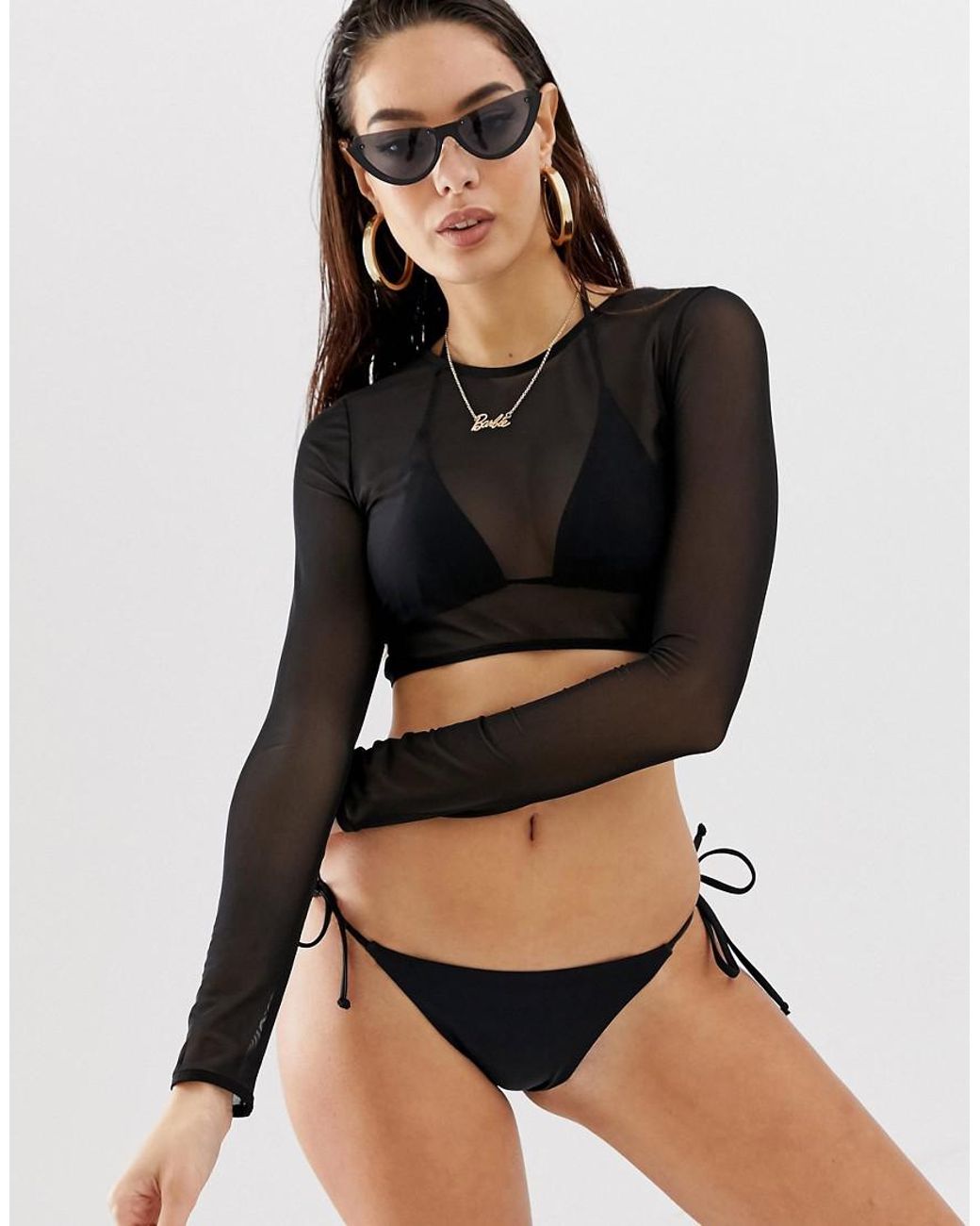 ASOS DESIGN mix and match long sleeve tie front bikini top in