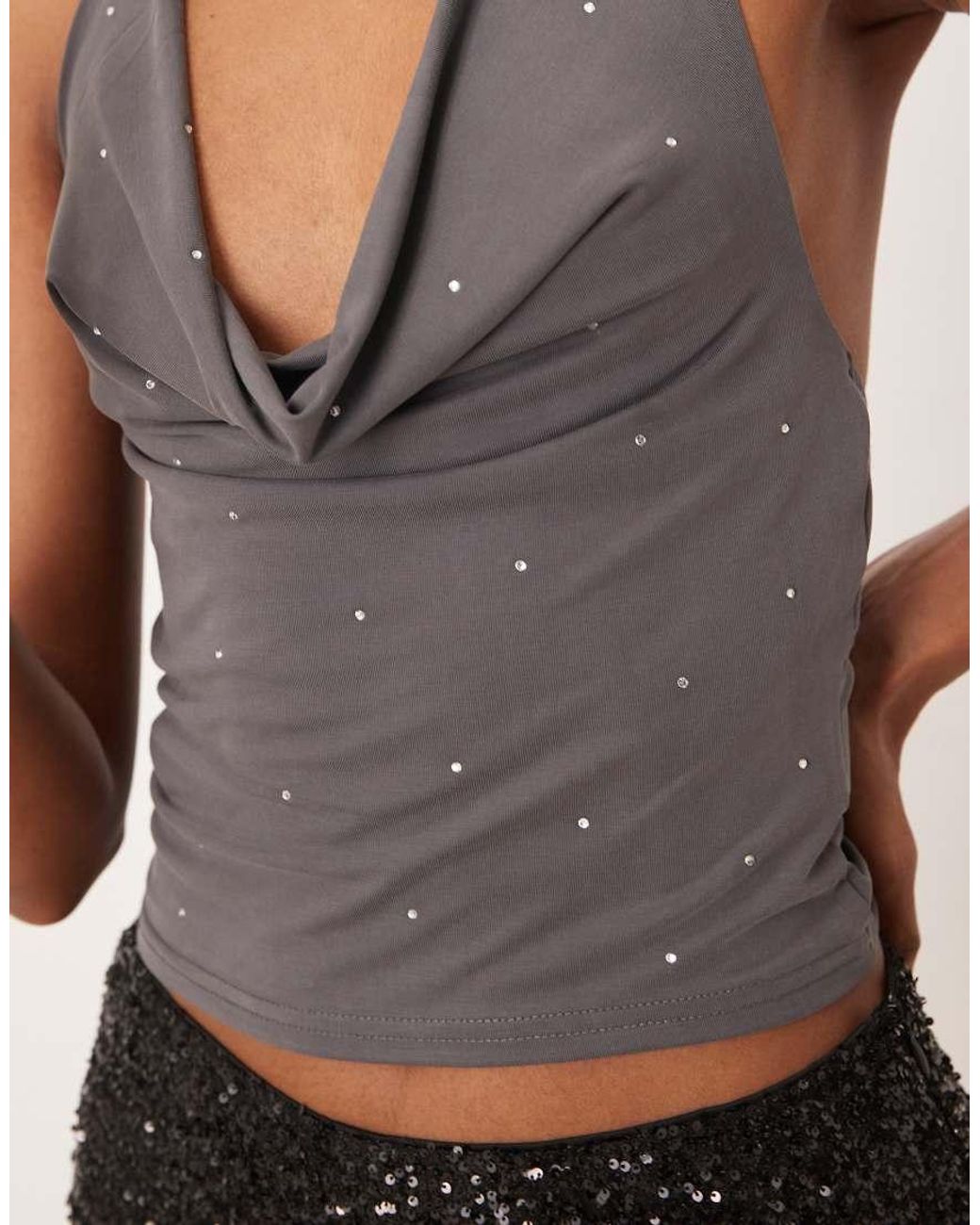 Motel White Cupro Diamante Halter Neck Slinky Top