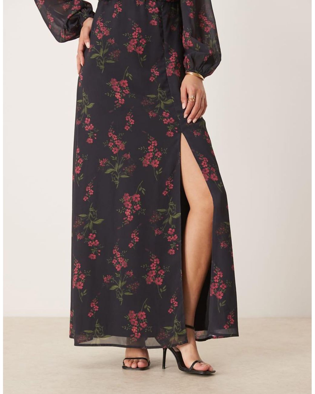 ANAYA Black Floral Faux Wrap Long Sleeve Maxi Dress