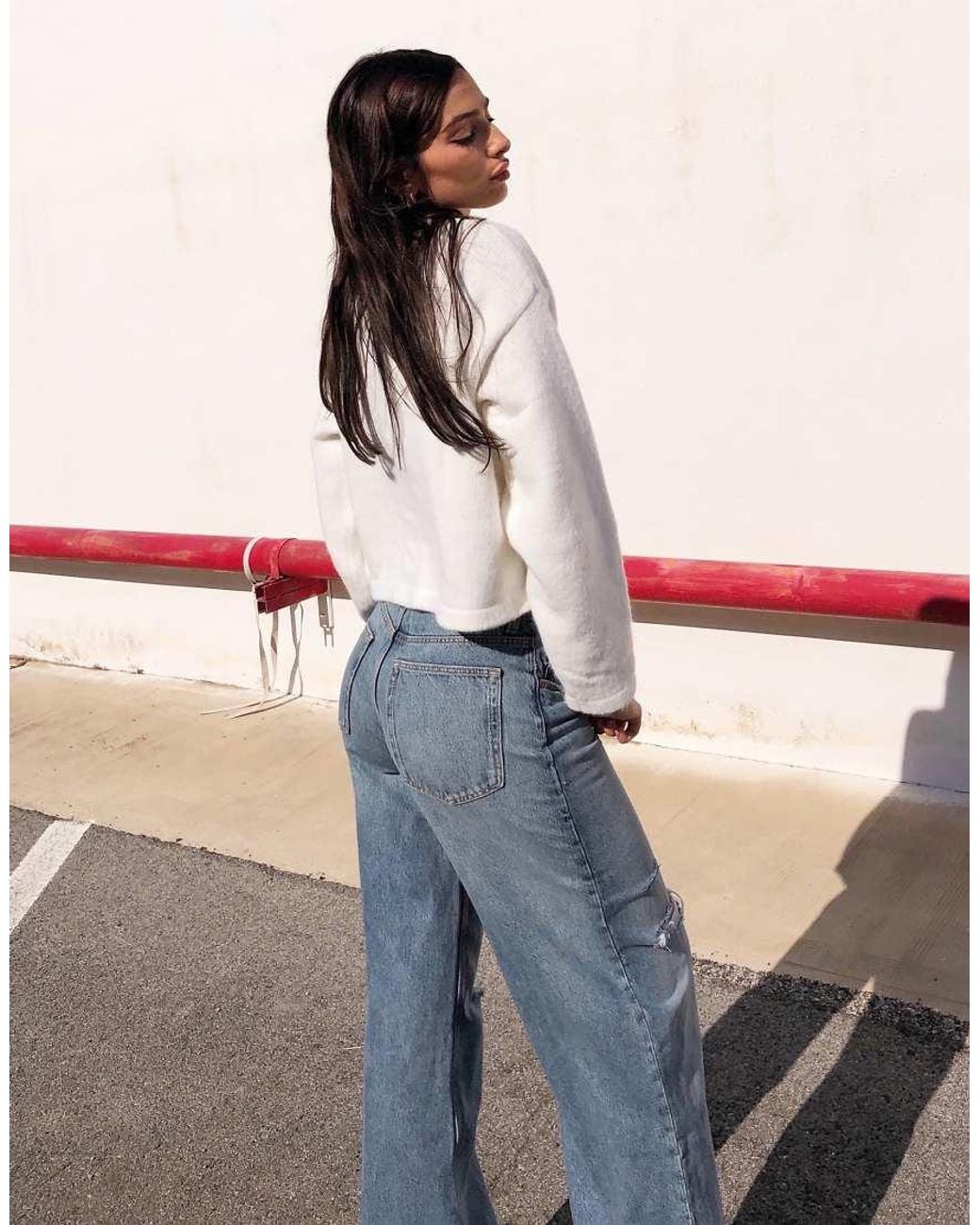 Bershka Blue High-Waist Wide-Leg Ripped Jeans