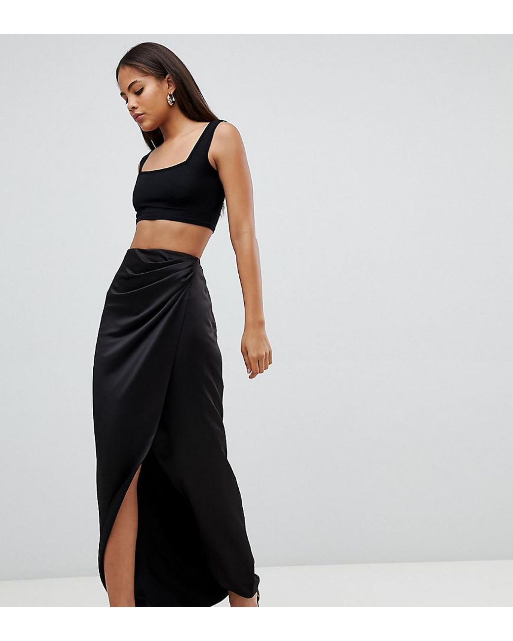 ASOS Asos Design Tall Satin Wrap Maxi Skirt in Black | Lyst UK