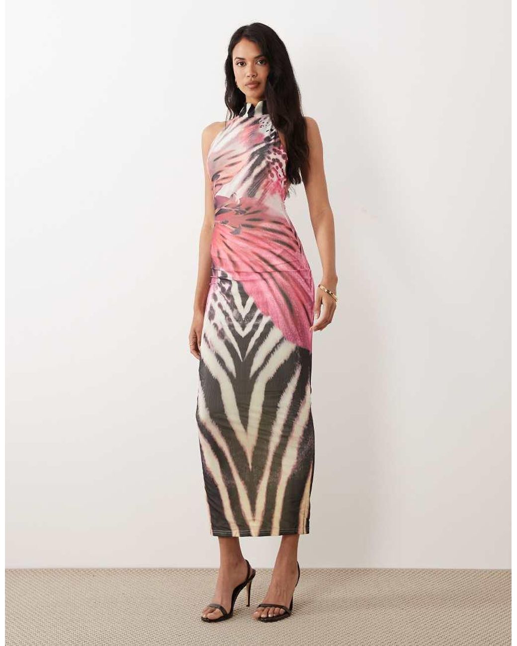 Murci Multicolor Premium Mesh Halterneck High Neck Low Back Maxi Dress