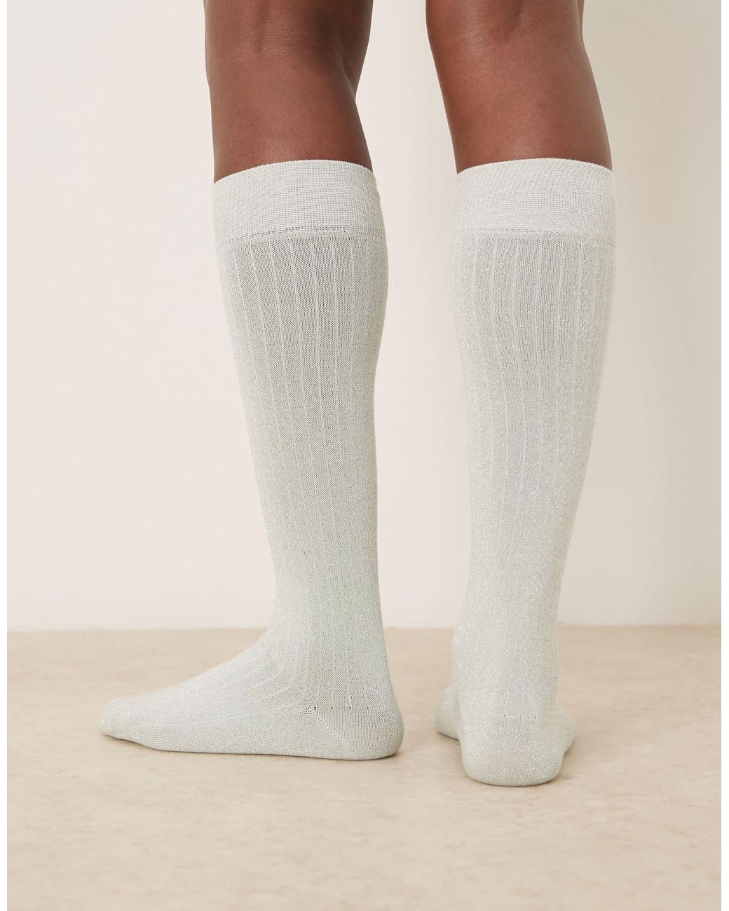 ASOS Silver Glitter Fine Ribbed Knee High Socks in Natural | Lyst Canada