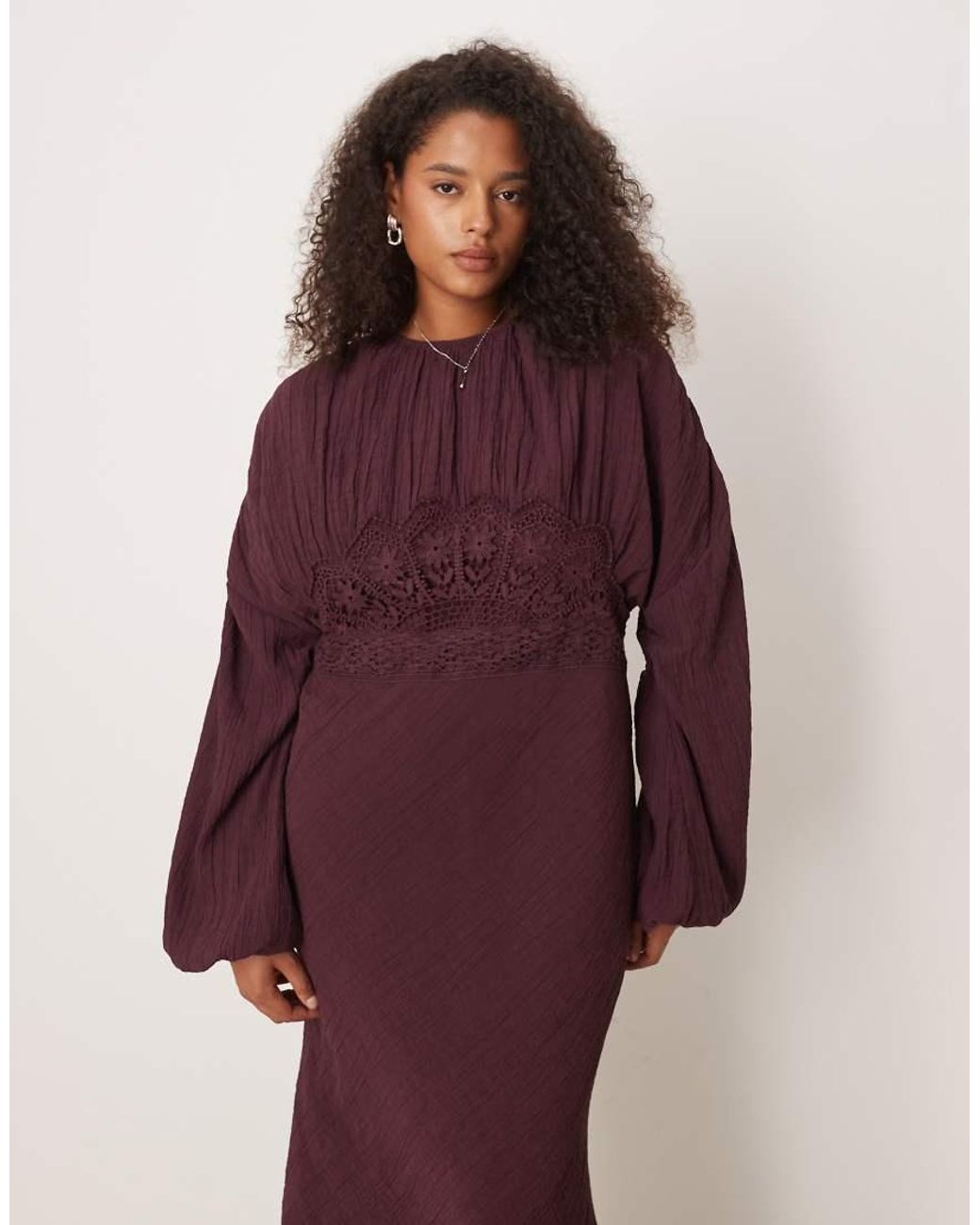 ASOS Red Asos Design Curve Crew Neck Maxi Dress With Volume Sleeve And Lace Bust Detail