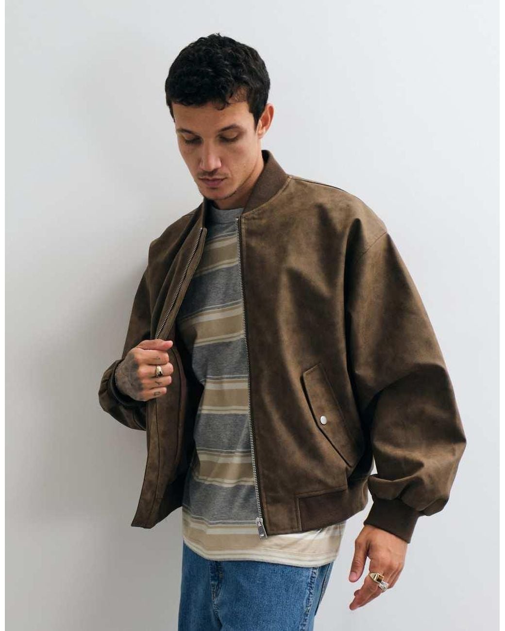 ASOS Blue Oversized Distressed Faux Leather Bomber for men